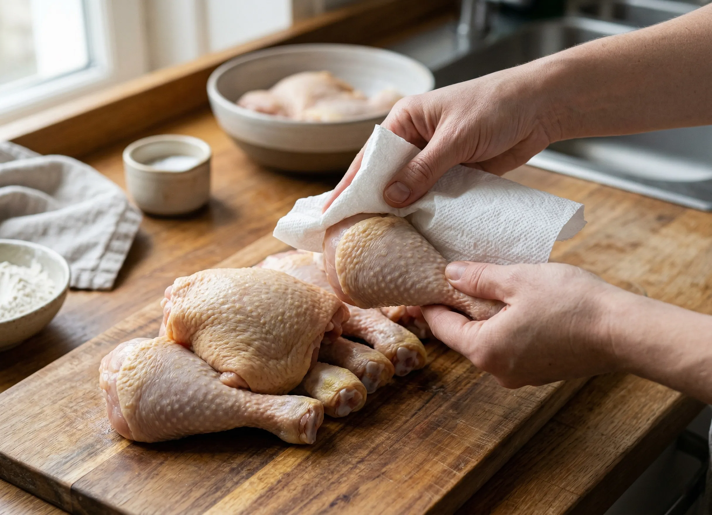 sécher des cuisses de poulet avec du papier absorbant avant cuisson pour peau croustillante