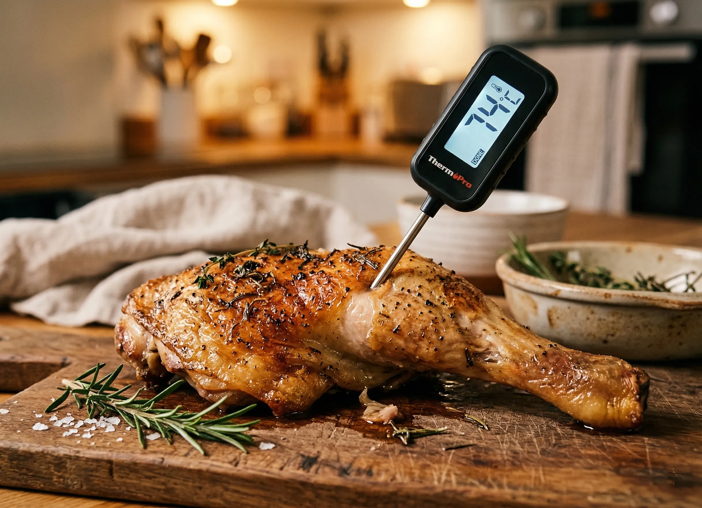 thermomètre de cuisson indiquant 74 degrés dans une cuisse de poulet rôtie au four