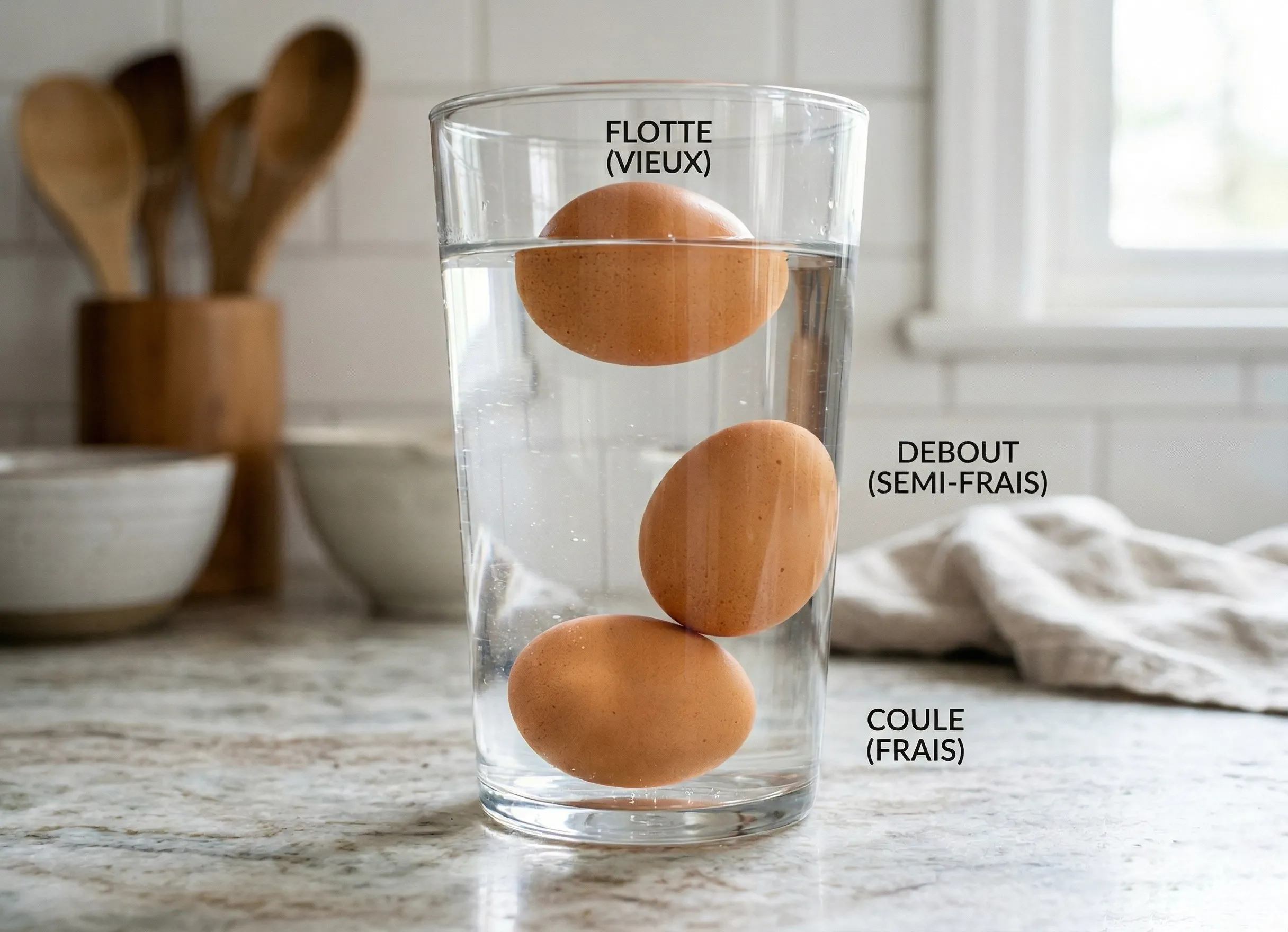 test de fraîcheur des œufs dans un verre d’eau avec œuf qui coule flotte ou se redresse