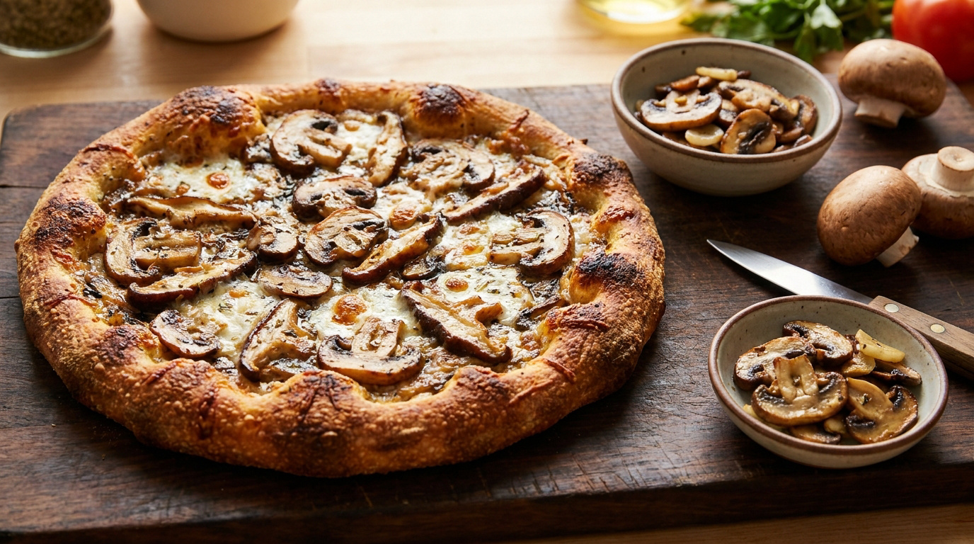 Une pizza aux champignons dorés sur une planche en bois, accompagnée de bols de champignons sautés et d'ingrédients frais.