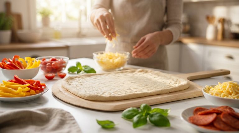 Mains d'une personne ajoutant du fromage râpé sur une pâte à pizza rectangulaire étalée sur une pelle en bois.