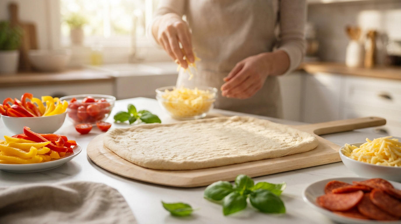 Mains d'une personne ajoutant du fromage râpé sur une pâte à pizza rectangulaire étalée sur une pelle en bois.