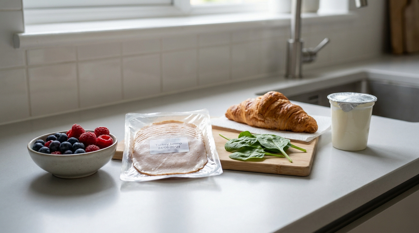 Aliments variés sur un comptoir de cuisine, incluant de la dinde emballée avec une date de péremption visible.