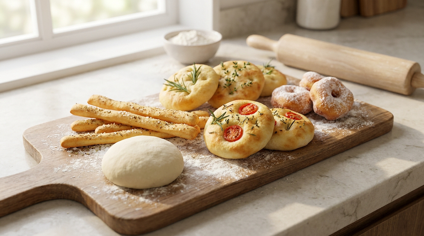 Assortiment de produits faits avec de la pâte : focaccias, gressins, beignets sur planche en bois. Farine et rouleau en arrière-plan.