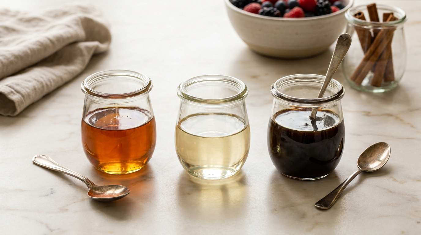 Trois petits bocaux contenant des sirops de couleurs différentes, accompagnés de cuillères et de fruits en arrière-plan.