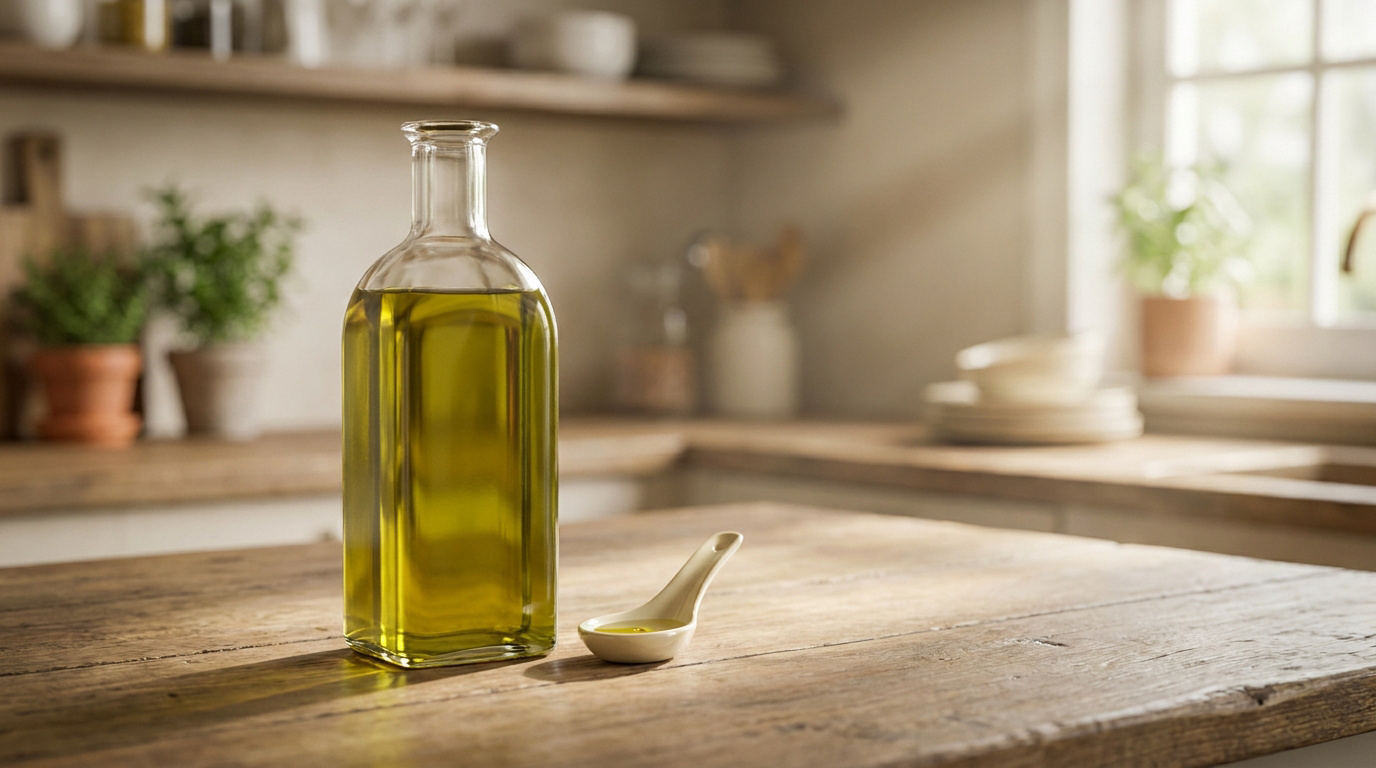 Bouteille d'huile d'olive dorée et cuillère avec une goutte sur un plan de travail en bois dans une cuisine lumineuse.