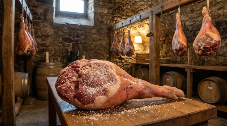Une cuisse de jambon crue recouverte de gros sel sur une table en bois dans une cave entourée d'autres jambons suspendus.