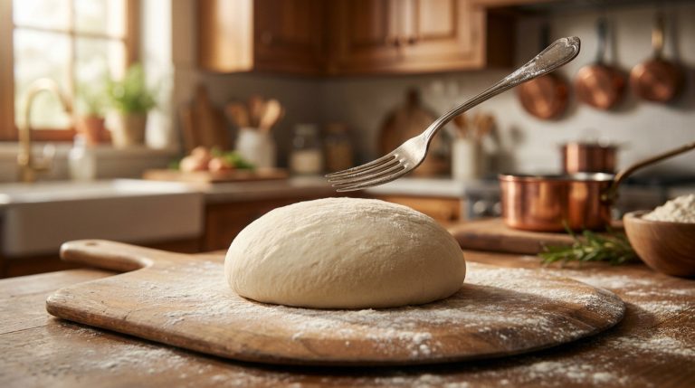 Une fourchette plane au-dessus d'une pâte à pizza fraîchement pétrie sur une planche en bois farinée dans une cuisine lumineuse.