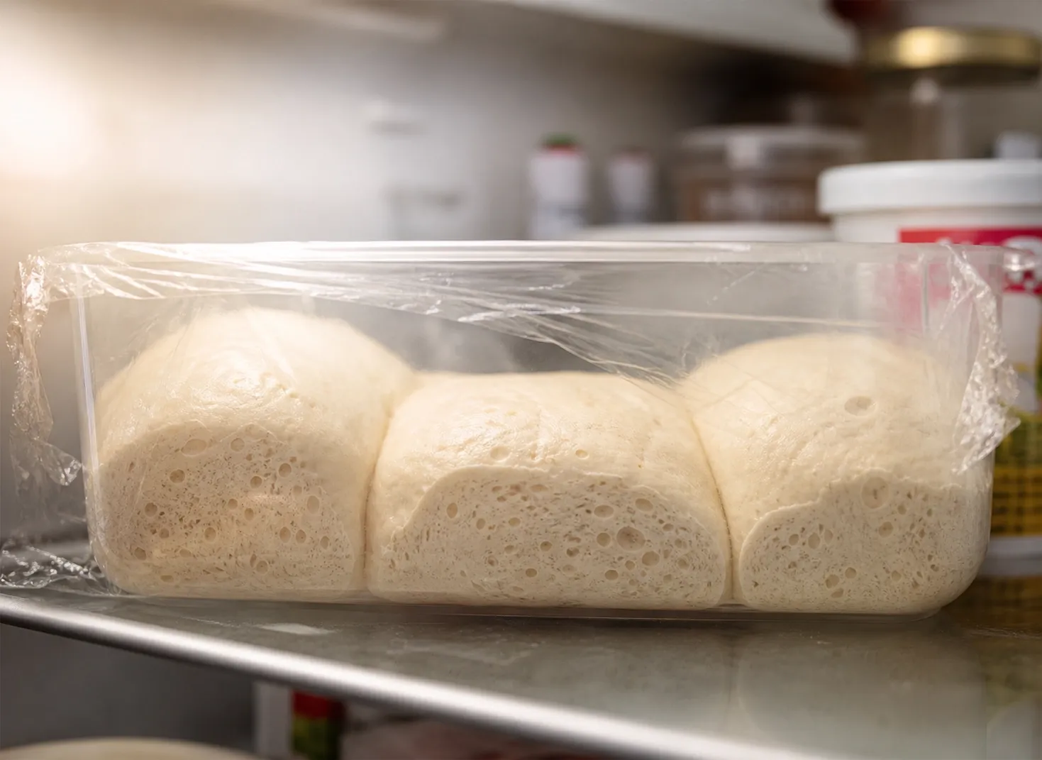 pâte à pizza en fermentation longue avec pâtons gonflés au frigo