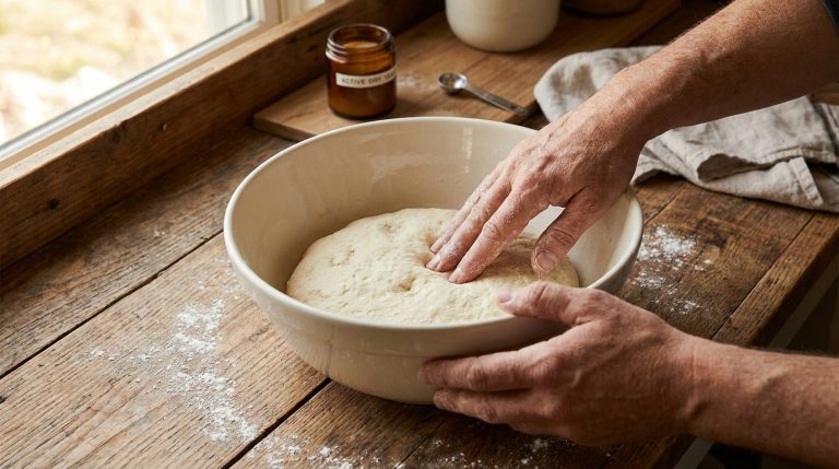 Mains d'un boulanger appuyant doucement sur une boule de pâte à pizza dans un grand bol en céramique.