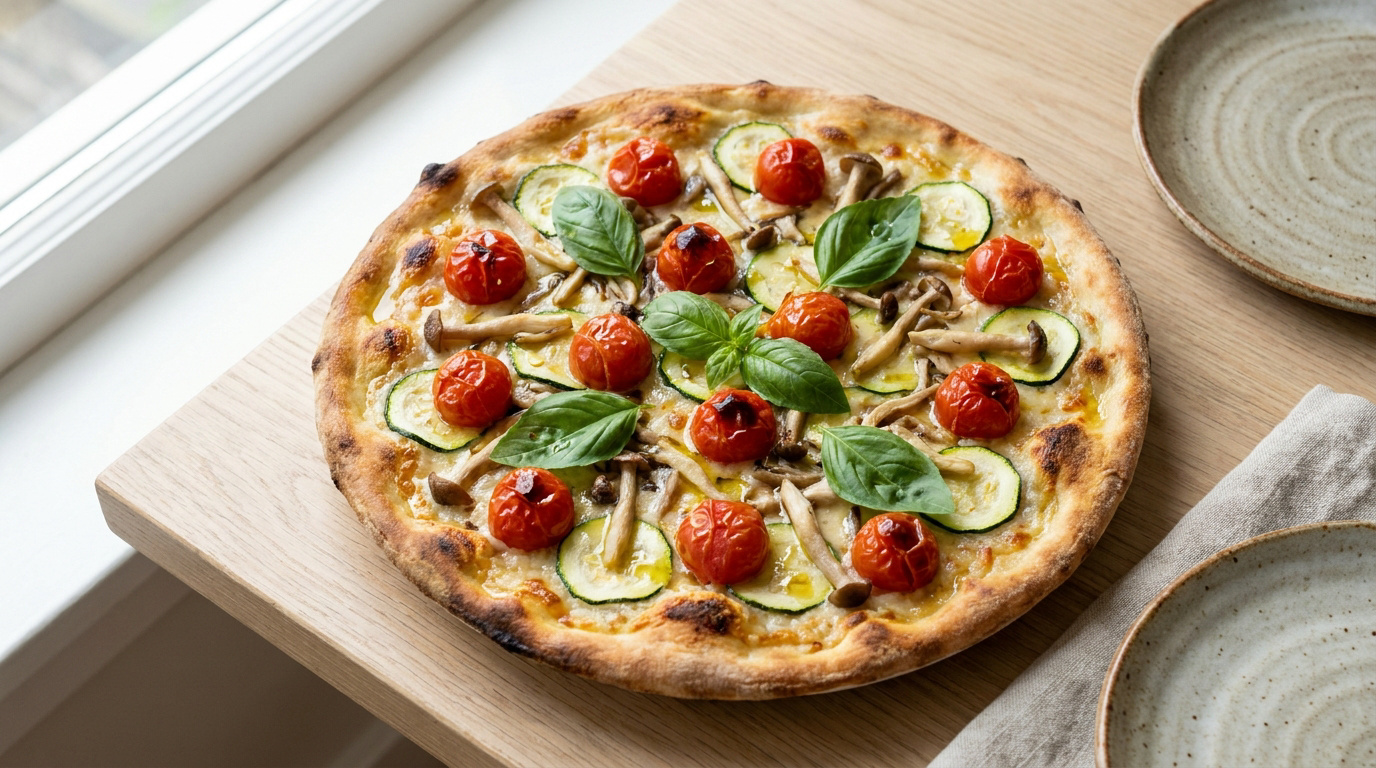 Pizza aux légumes frais (tomates cerises, courgettes, champignons, basilic) sur une table en bois clair près d'une fenêtre.