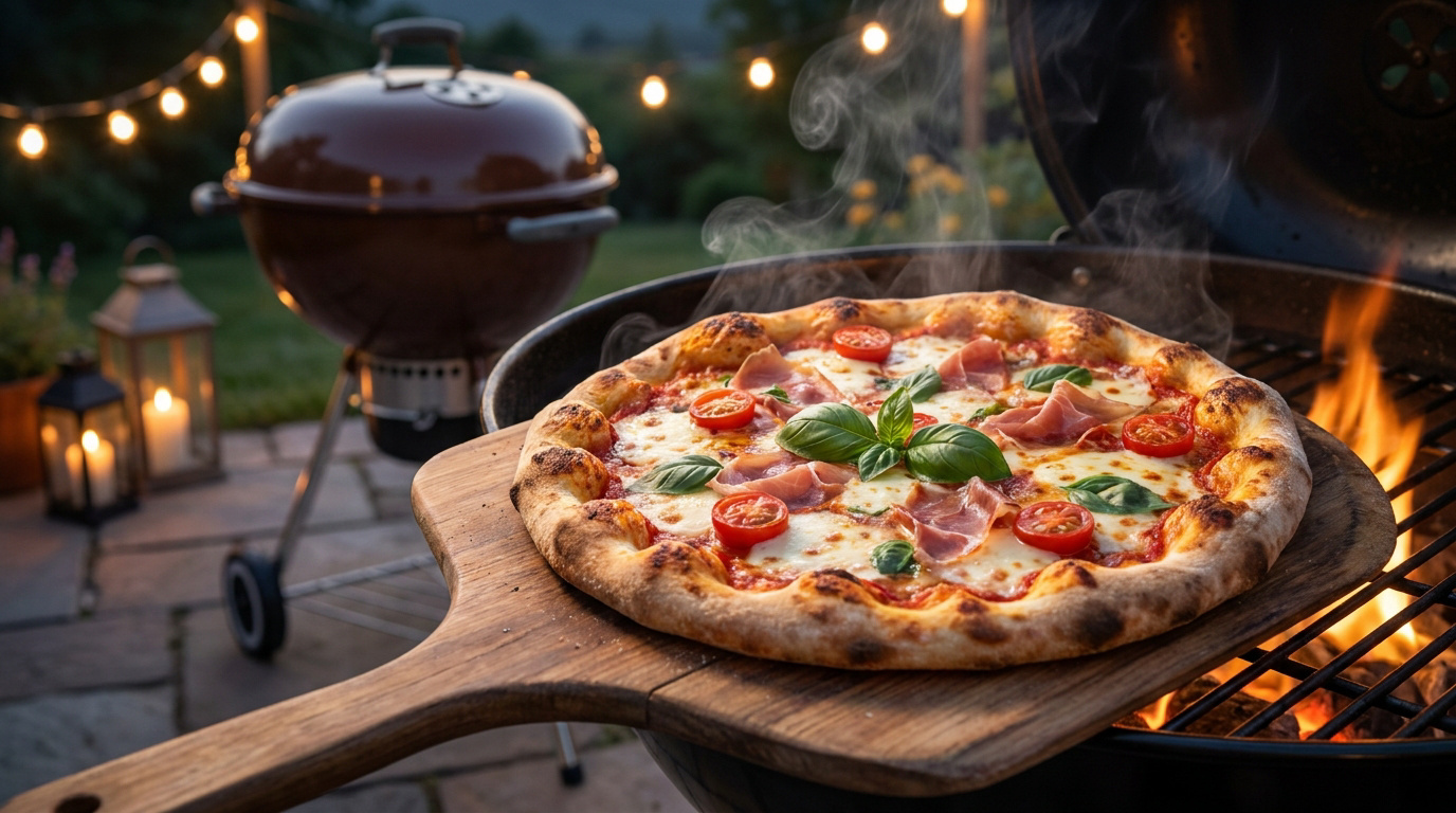 Une pizza fraîchement cuite au feu de bois sur une pelle en bois, devant un barbecue Weber fumant.