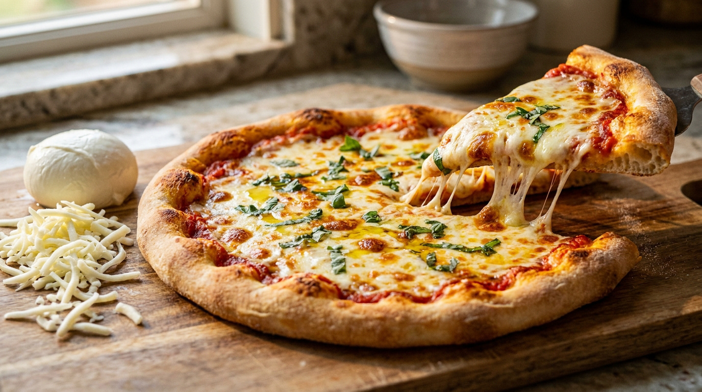Une pizza mozzarella fraîchement cuite sur une planche en bois, avec une part soulevée et du fromage filant. Mozzarella fraîche et râpée à côté.