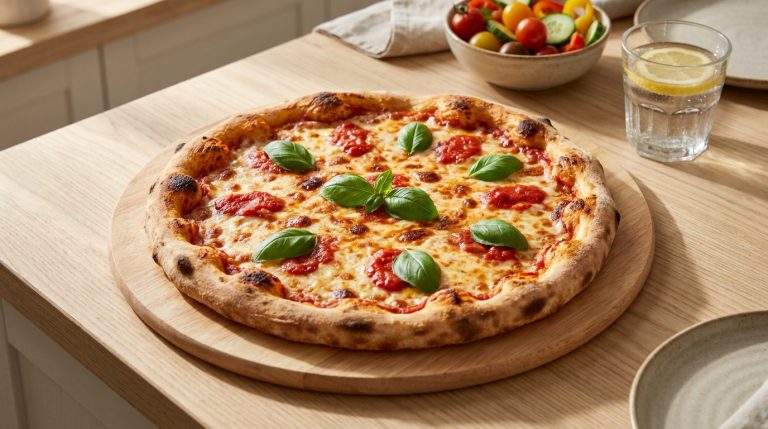 Une pizza Margherita chaude avec du basilic frais, accompagnée d'une salade et d'un verre d'eau citronnée sur une table en bois.