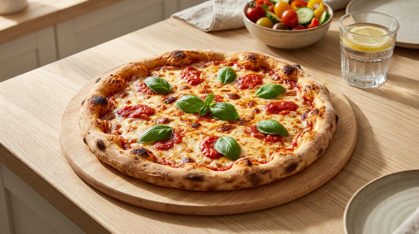 Une pizza Margherita chaude avec du basilic frais, accompagnée d'une salade et d'un verre d'eau citronnée sur une table en bois.