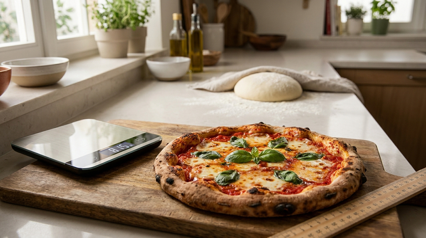 Pizza Margherita chaude sur planche avec balance numérique affichant 815g. Pâte à pizza, règle et ustensiles en arrière-plan.
