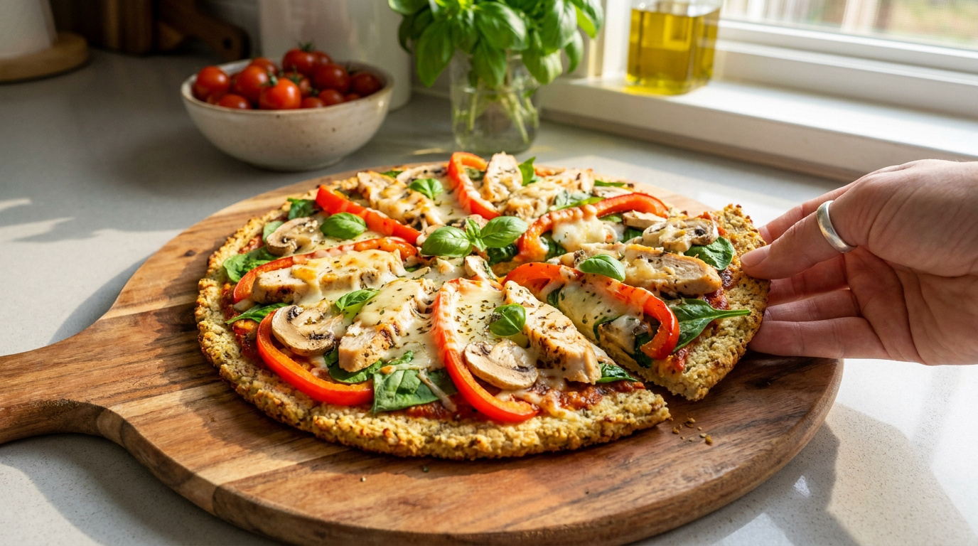 Une main prend une part de pizza saine garnie de poulet, champignons et poivrons sur une planche en bois.