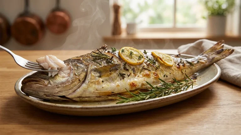 Un poisson entier rôti au four, garni de rondelles de citron et de romarin, servi fumant sur une assiette en céramique.