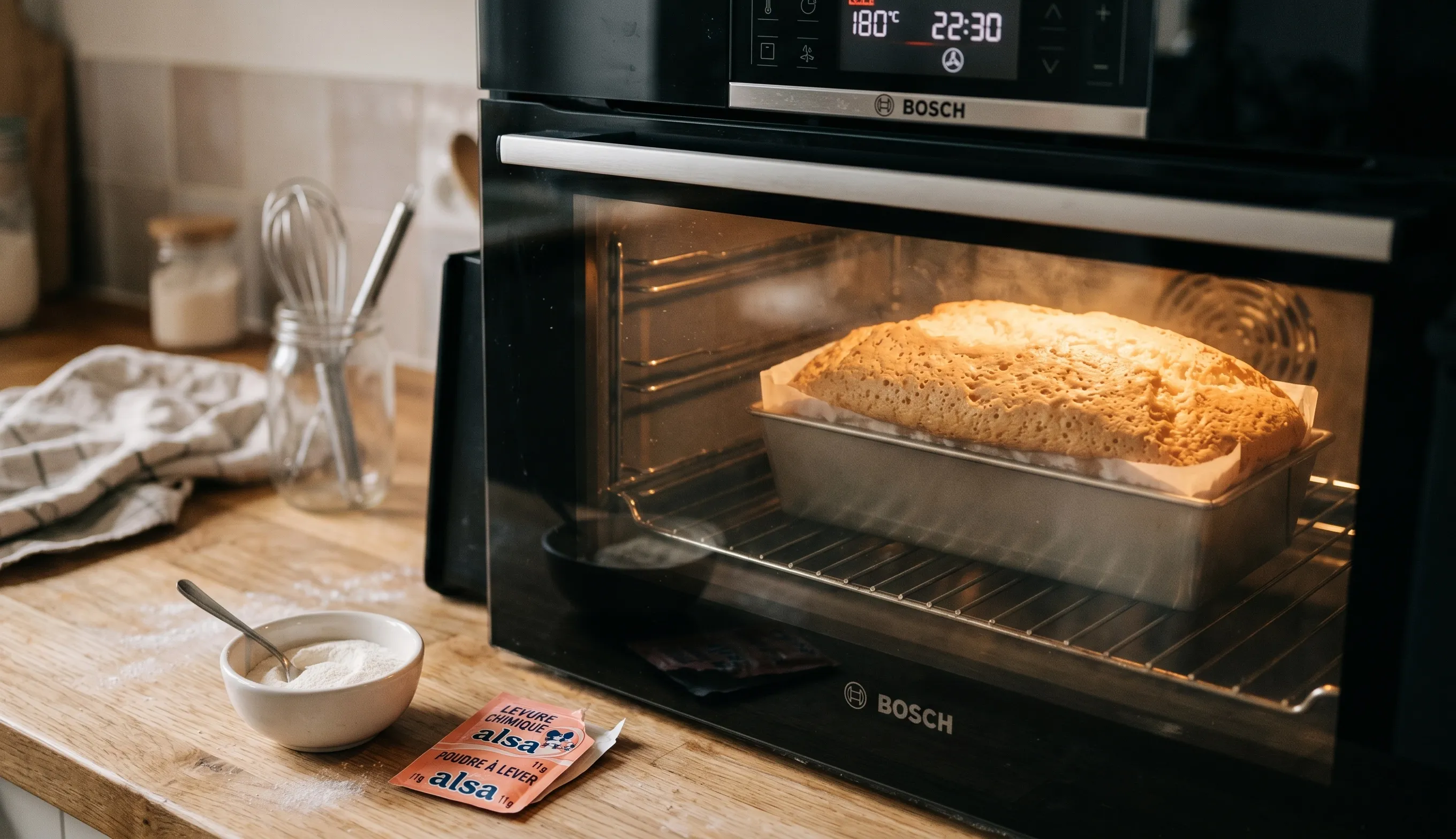 Gâteau moelleux en train de gonfler au four avec poudre à lever et levure chimique