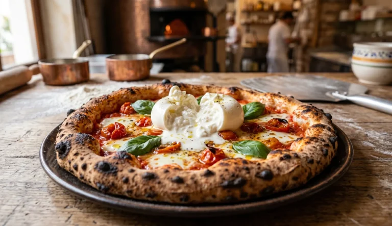 Pizza napolitaine avec burrata ajoutée après cuisson pour un cœur fondant et une pâte croustillante