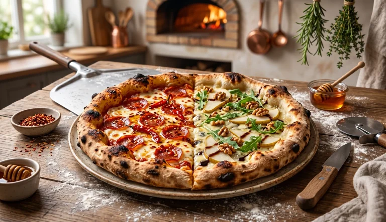 Pizza maison originale avec moitié pepperoni miel pimenté et moitié poire gorgonzola, pâte artisanale croustillante
