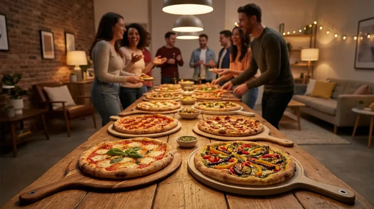 Buffet de pizzas variées pour 20 personnes lors d'une soirée entre amis autour d'une grande table en bois