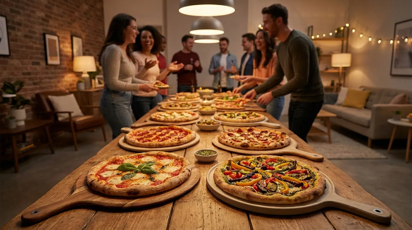 Buffet de pizzas variées pour 20 personnes lors d'une soirée entre amis autour d'une grande table en bois