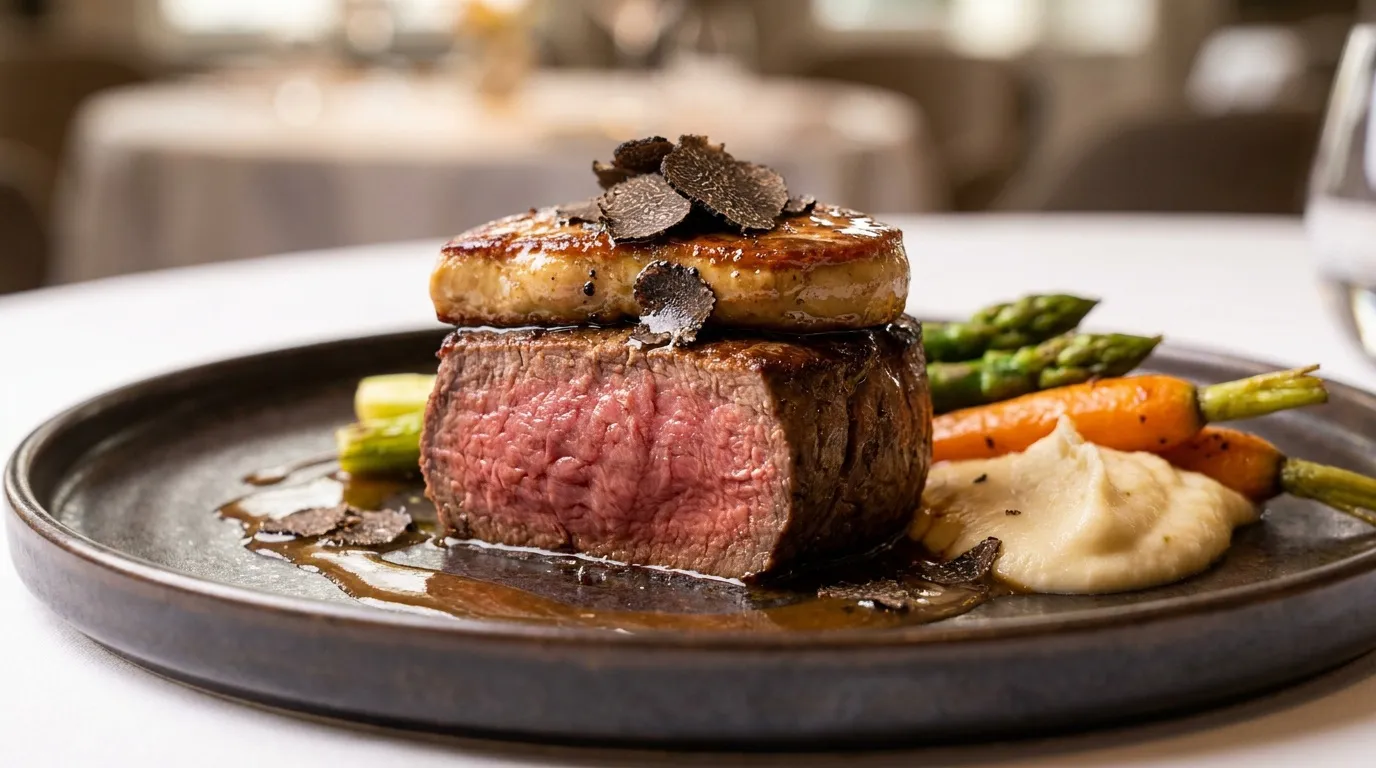 Un tournedos Rossini surmonté de foie gras et lamelles de truffe, accompagné de légumes et d'une purée.