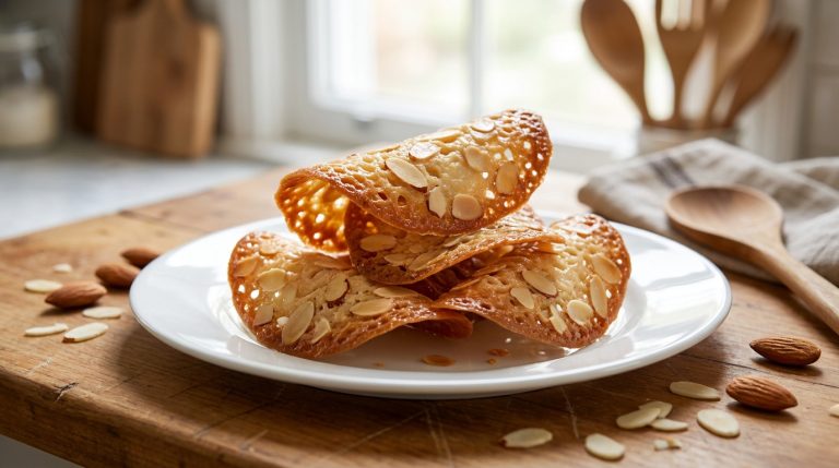 Assiette de tuiles aux amandes dorées disposées sur une table en bois dans une cuisine lumineuse.