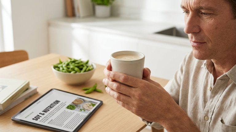 Un homme tient un bol de yaourt végétal tout en consultant des informations sur le soja sur sa tablette.