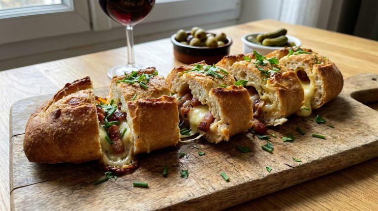 Baguette tranchée garnie de lardons et de fromage fondu, servie sur une planche en bois avec des olives et des cornichons.