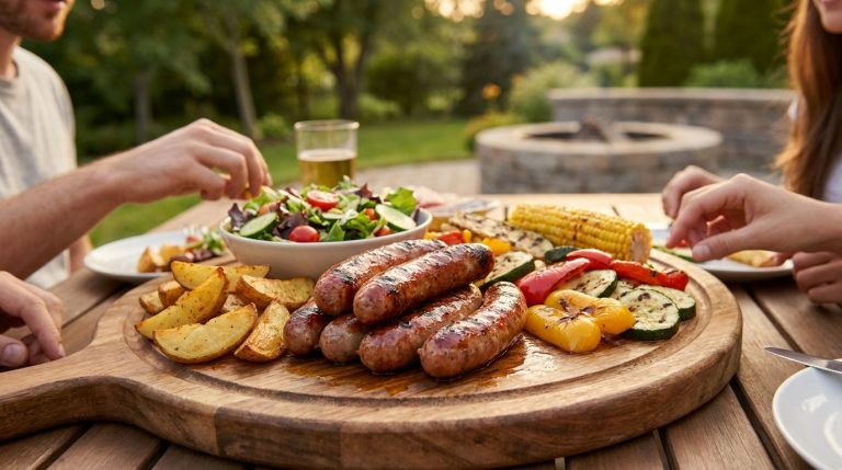 Un plateau en bois avec des saucisses grillées, des pommes de terre, du maïs et des légumes lors d'un barbecue en plein air.