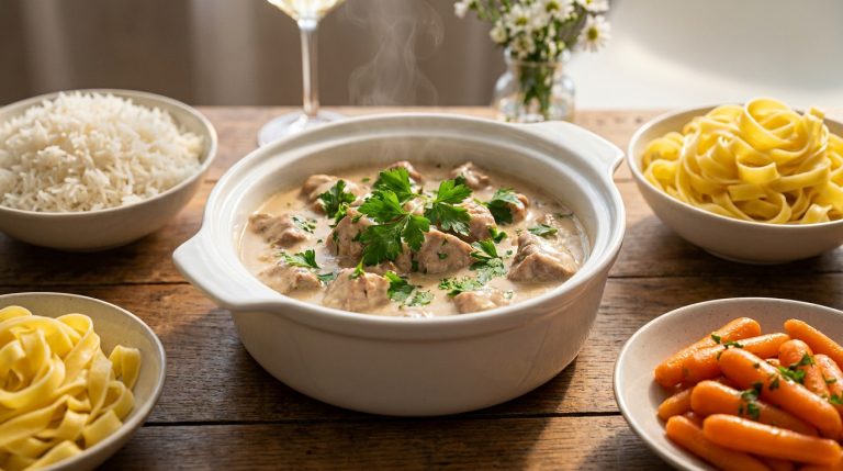 Un plat de blanquette de veau fumante entouré de bols de riz, de tagliatelles et de carottes glacées.
