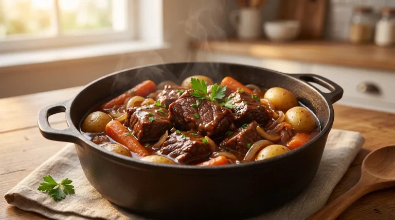 Une cocotte en fonte fumante remplie de morceaux de collier de bœuf, de carottes et de pommes de terre sur une table.