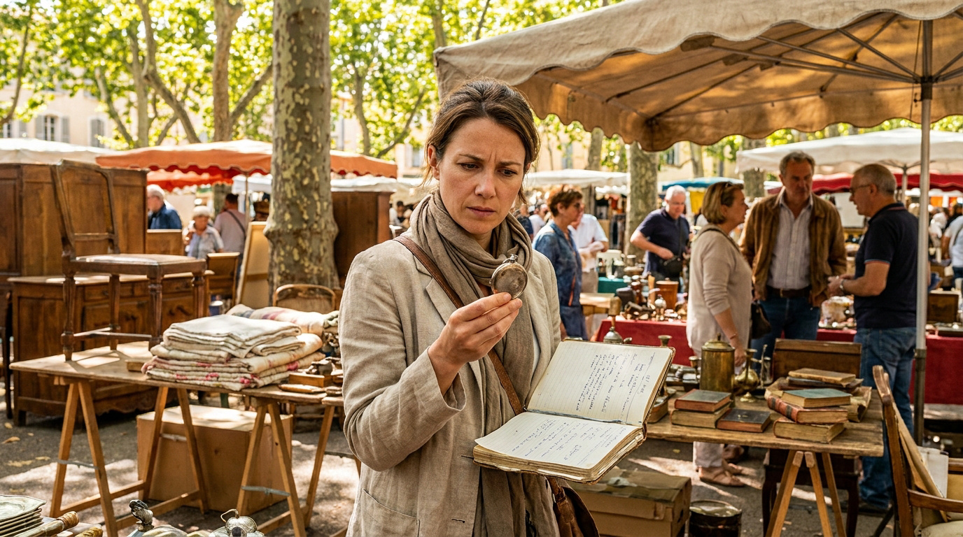 Une femme examine une montre à gousset sur un vide-grenier en plein air, entourée d'antiquités et de visiteurs.