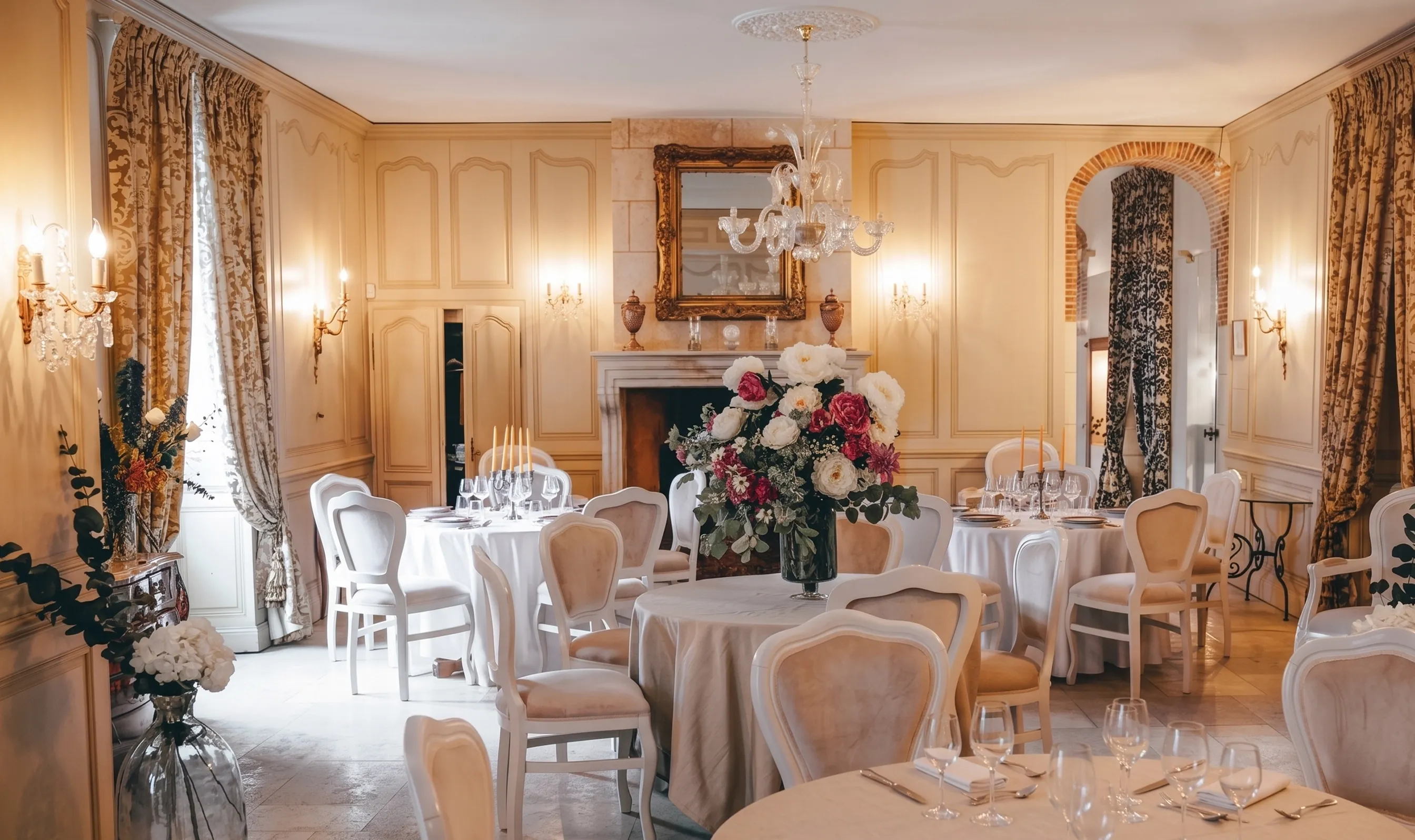 Salle de réception du château Écrin de Lumière dressée pour un dîner aux chandelles