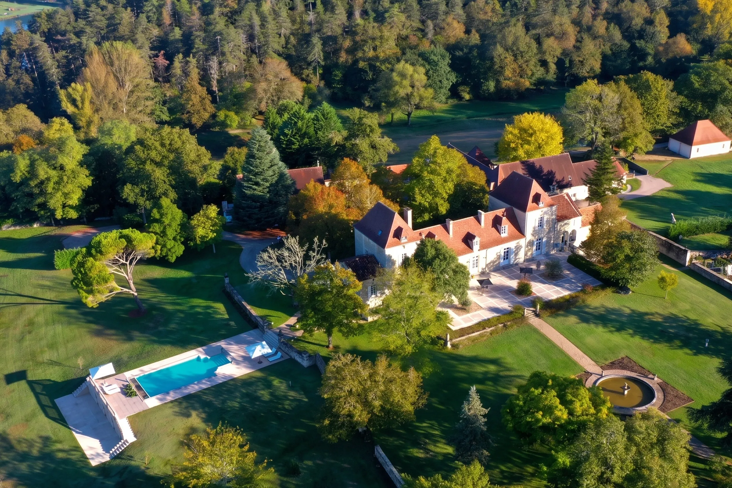 Vue aérienne du château Écrin de Lumière à Campsegret avec son parc et sa piscine