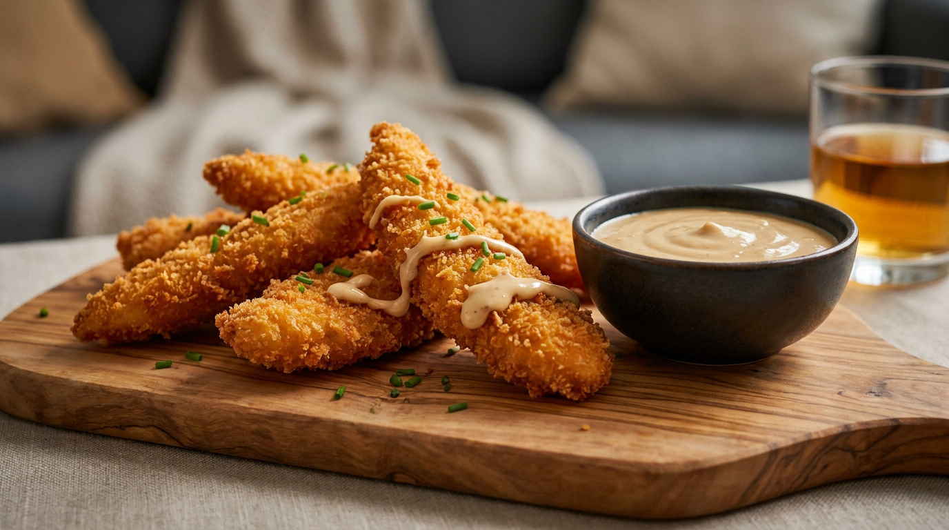 Fingers de poulet frits et dorés sur une planche en bois avec une sauce onctueuse et de la ciboulette.