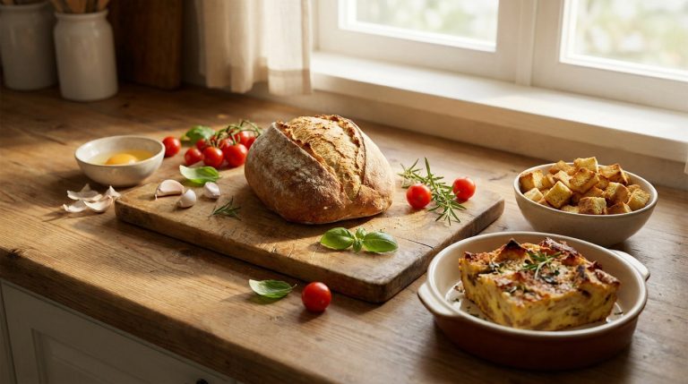 Pain croustillant, croûtons et plat cuisiné sur une table en bois près d'une fenêtre.