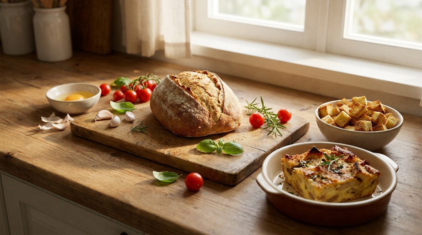 Pain croustillant, croûtons et plat cuisiné sur une table en bois près d'une fenêtre.