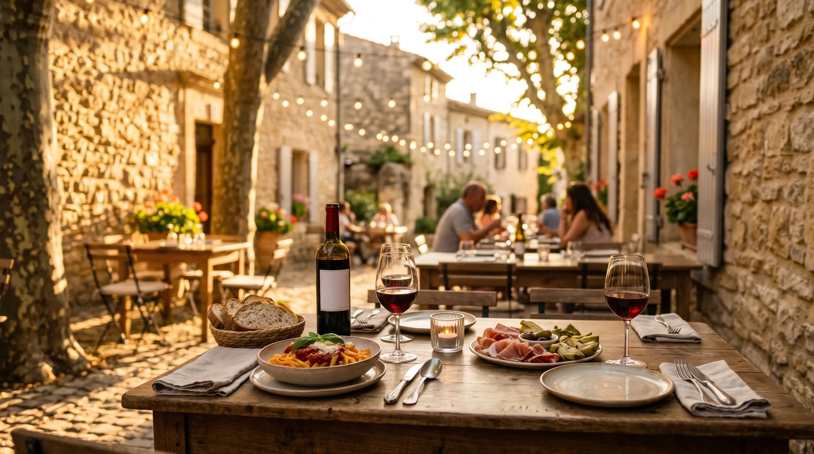 Terrasse de restaurant dans un village au coucher du soleil, ambiance chaleureuse et gastronomiqueTerrasse de restaurant dans un village au coucher du soleil, ambiance chaleureuse et gastronomique