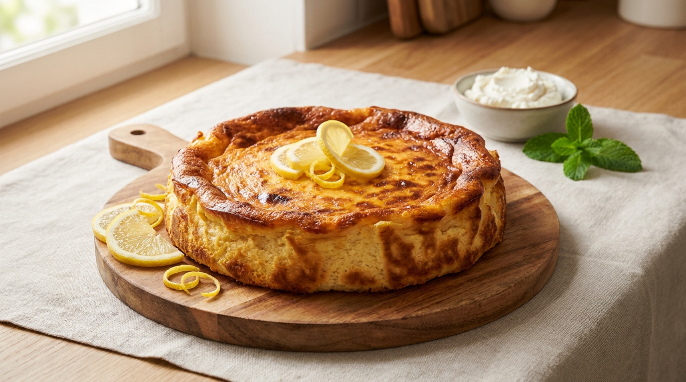 Un fiadone corse doré sur une planche en bois, garni de tranches de citron, avec un bol de crème et de la menthe fraîche.