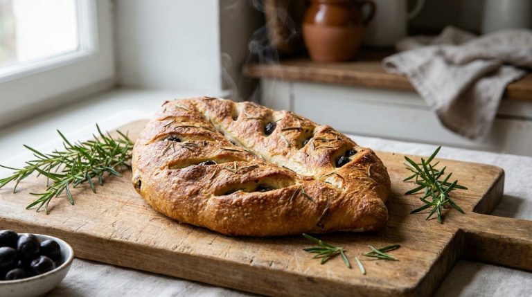 Une fougasse provençale chaude tout juste sortie du four sur une planche en bois avec des olives et du romarin frais.