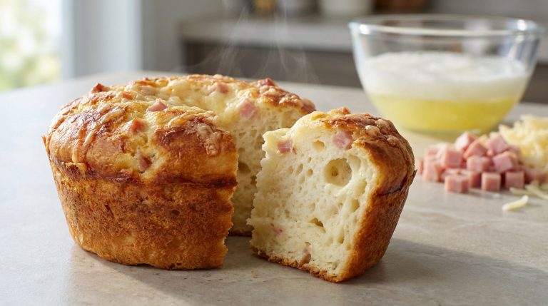 Un cake salé chaud aux dés de jambon et fromage sur un comptoir, avec un bol de blancs d'œufs en arrière-plan.