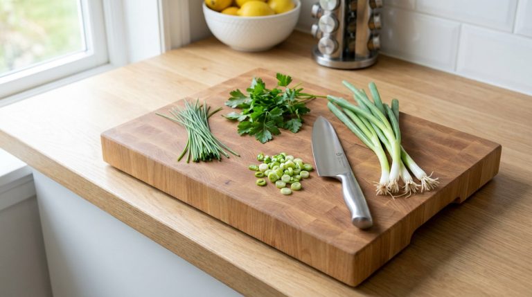 Ciboulette, persil et oignons nouveaux disposés sur une planche à découper en bois avec un couteau de cuisine.