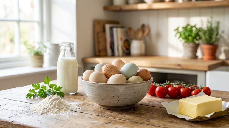 Un bol d'œufs frais entouré de farine, lait, tomates cerises et beurre sur une table de cuisine en bois.