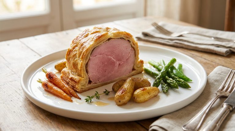 Tranche épaisse de jambon en croûte servie sur une assiette blanche avec des asperges, des petites pommes de terre et carottes.