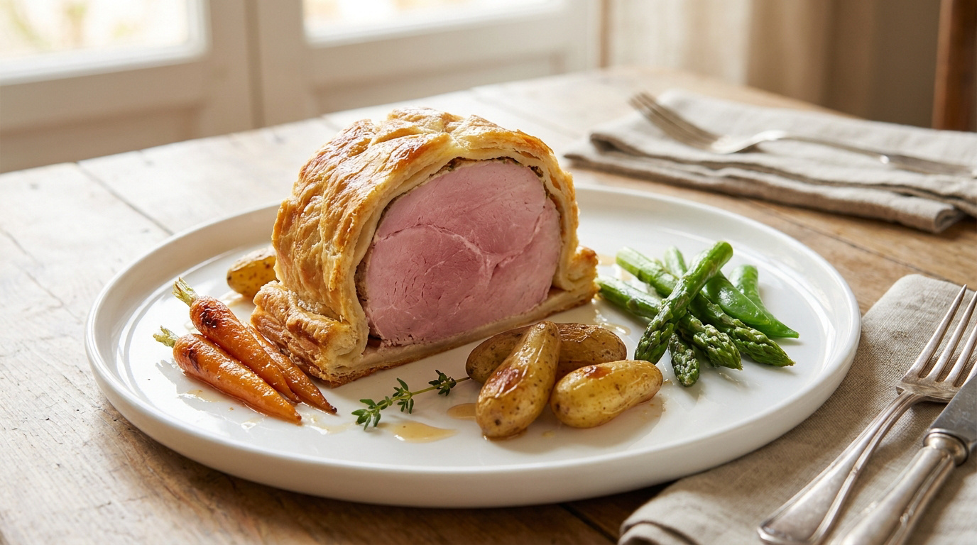 Tranche épaisse de jambon en croûte servie sur une assiette blanche avec des asperges, des petites pommes de terre et carottes.