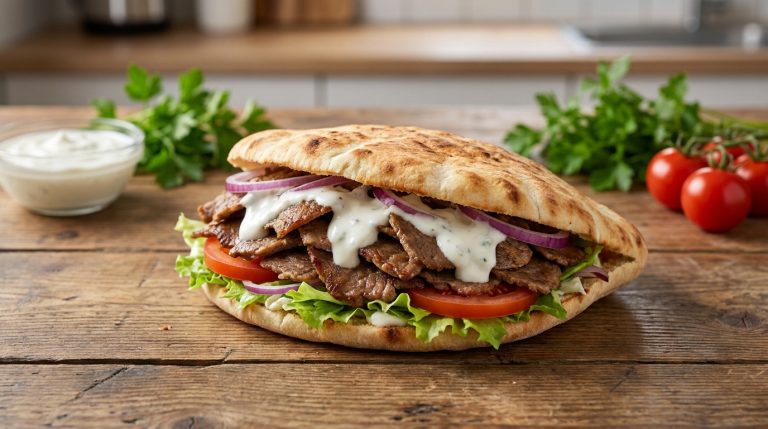 Un délicieux kebab dans un pain pita garni de viande, salade, tomates, oignons rouges et sauce blanche sur une table en bois.