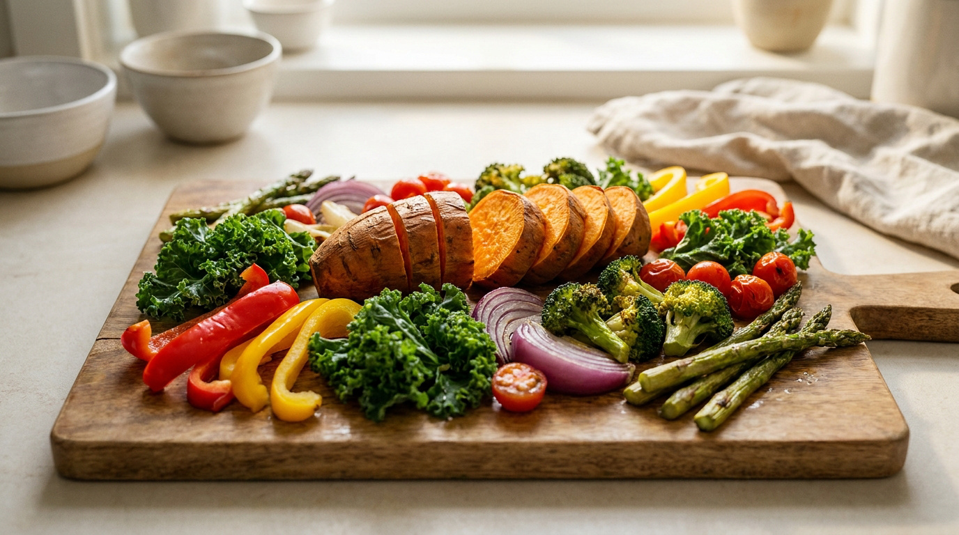 Planche en bois avec des tranches de patate douce entourées de légumes frais : chou kale, brocoli, poivrons et asperges.